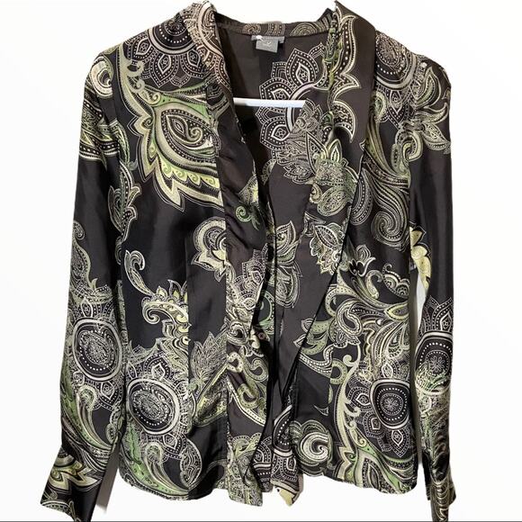 Ann Taylor 100% Silk Blouse Collar Waterfall All Over Print Button Brown 4 S - Picture 1 of 4